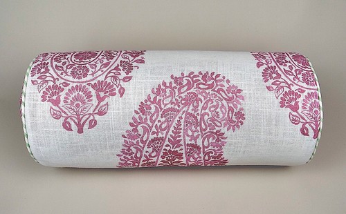 Bolster Cushion Titley & Marr Pink & White Paisley & Green Stripe Piping 18"x 8" - Picture 4 of 10