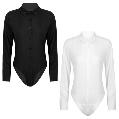 Women One Piece Bodysuit Career Top Blouse Button Down Shirt Turn-down Collar - Picture 2 of 34