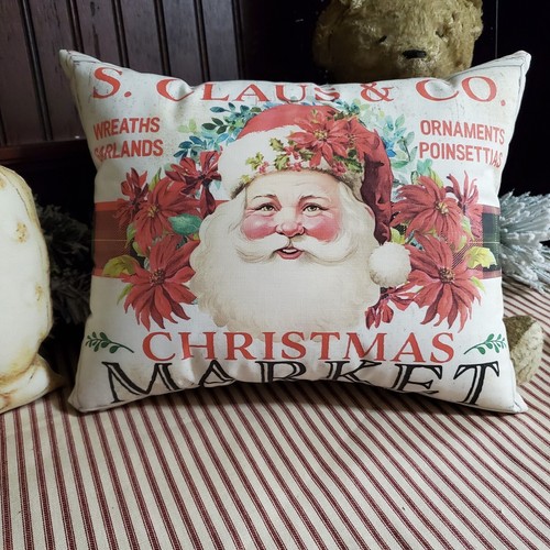 SHABBY RETRO PRIMITIVE VINTAGE STYLE SANTA CHRISTMAS MARKET S. CLAUS CO. PILLOW - Picture 11 of 15