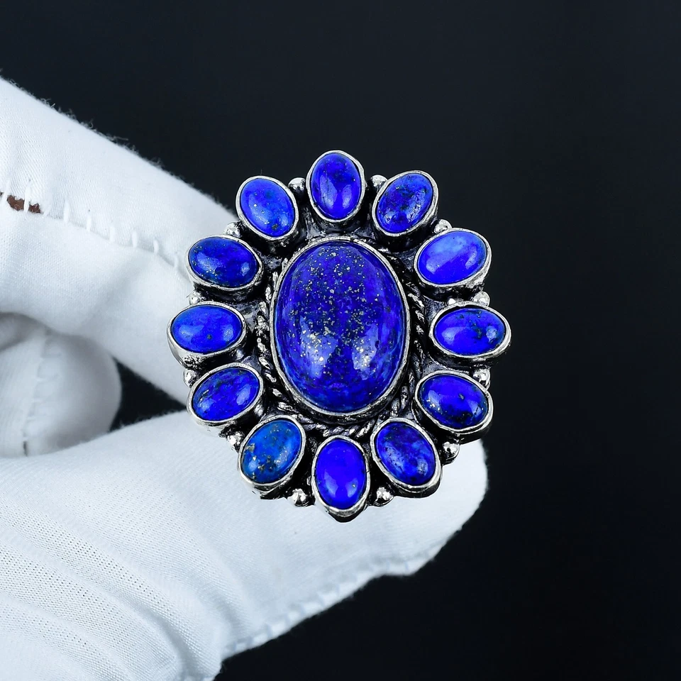 Naturale Lapislazzuli Gemma Anello a Fiore Fatto Mano 925 Argento Sterling Gioie - Immagine 2 di 4