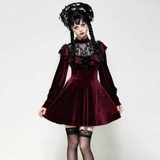DARK IN LOVE Gothic Samt Mini Kleid Red Velvet Doll Dress Dunkelrot Bordeaux