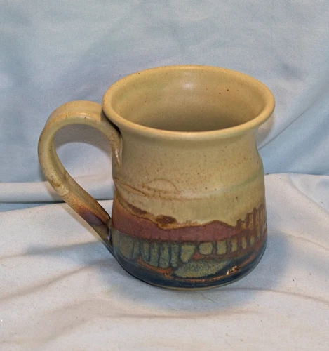 Studio Art Pottery Earth Tone Mug Layered Glaze 12 Ounce Signed