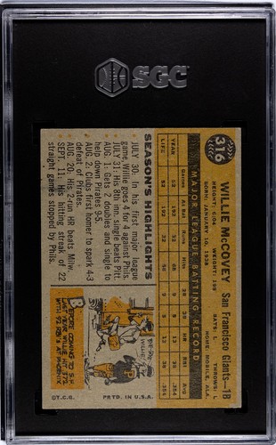 1960 Topps #316 WILLIE MCCOVEY RC (Giants) SGC 4.5 VG-EX+ SOLID CENTERING - Picture 2 of 2