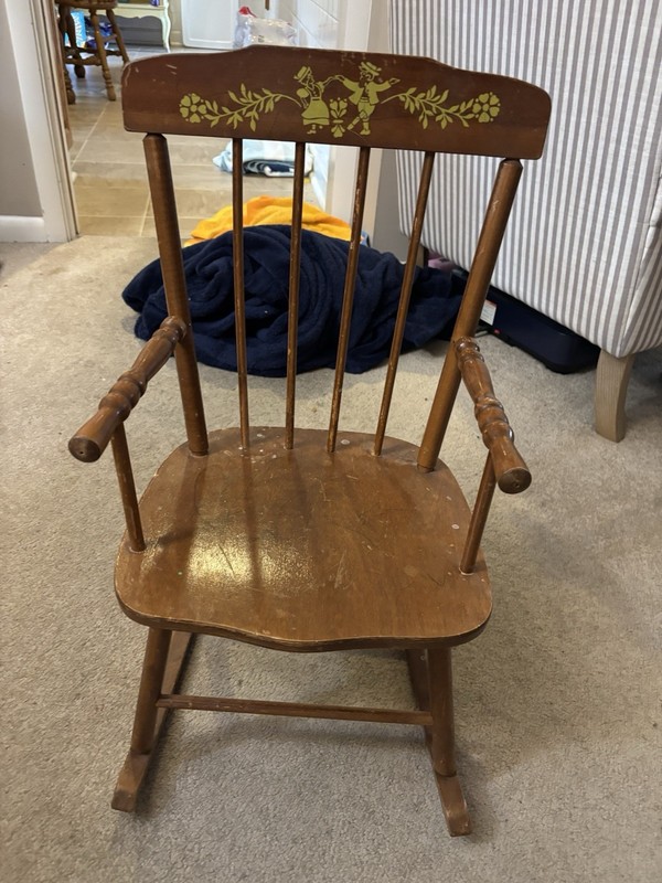 Vintage Wood Rocking Chair with Arms, Brown, Painted Decorative Backrest