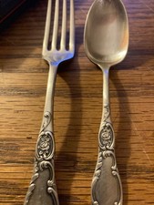 Forchetta e cucchiaio coppia punti Mfg 1880 placcato argento piatto antico motivo rosa