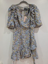 Misguided Ruffle Wrap Mini Dress ss Floral Size 8 Balloon Sleeve BNWT