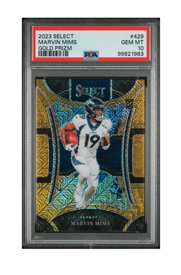 Marvin Mims PSA 10 2023 Select - Gold Prizm /10 Suite Level #429 RC Broncos