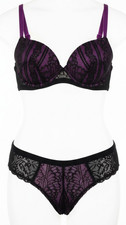 Adore Me Sparrow Lace Trim Push Up Bra 40C & Panty 1X Set Black Pink Sexy Clean
