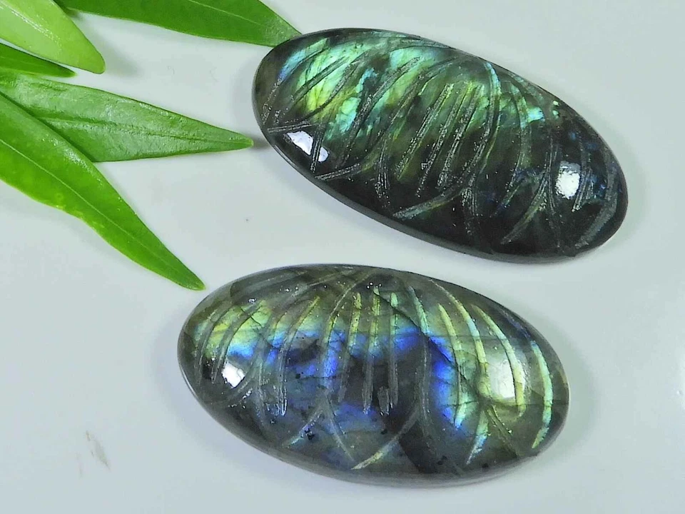 Fire Labradorirte Carving Oval Mineral 2Pcs Cabochon Loose Gemstone 42-45MM U551 - image 2 of 4