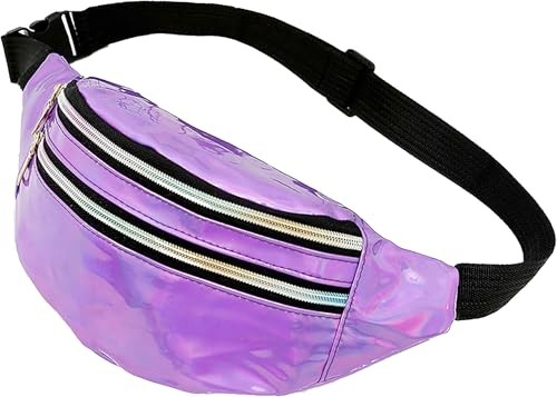 Metallic Color Holographic Fanny Pack Shiny Waist Packs Waterproof Belt Purple