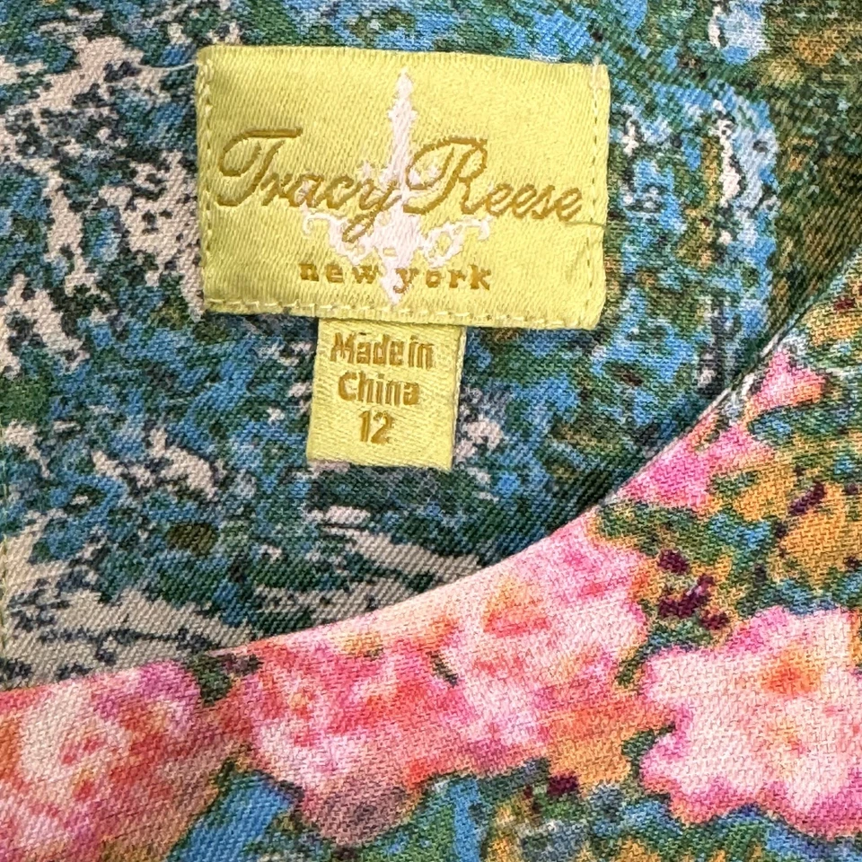 Tracy Reese Dress Size 12 Impressionist Monet Floral Fit Flare Silk Linen Lined - Image 3 of 4