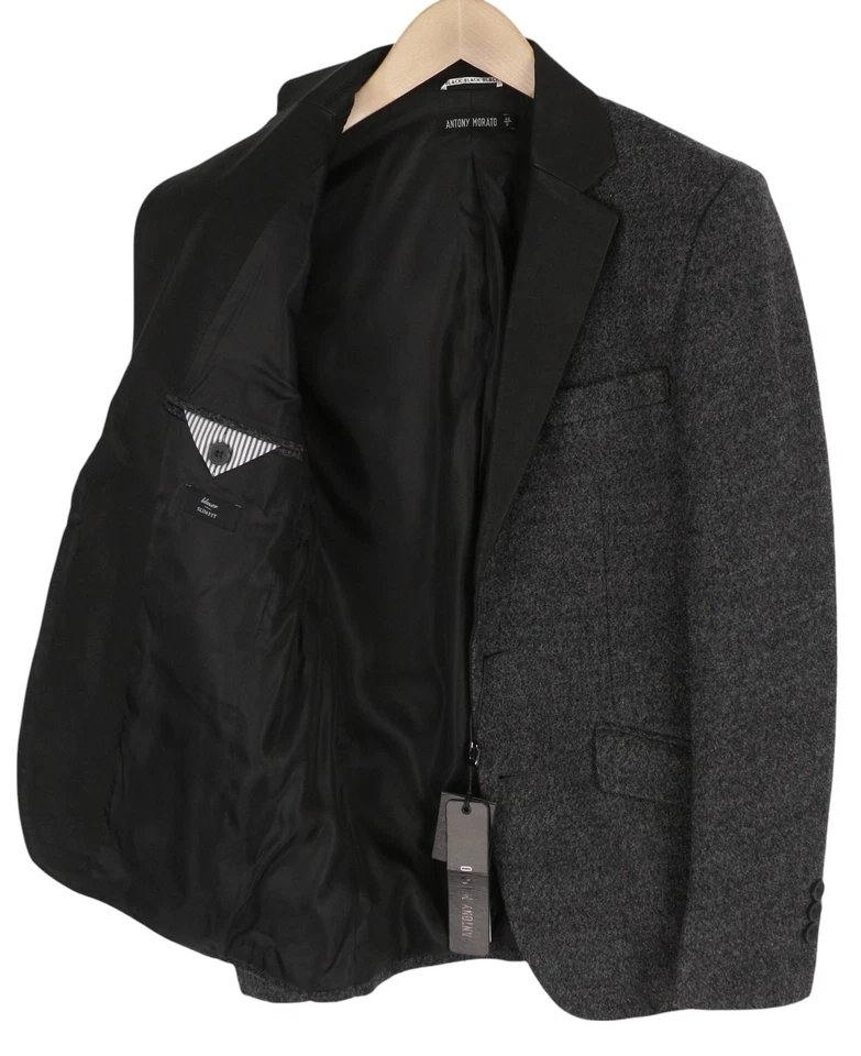 ANTONY MORATO Men Blazer S Melange Grey Wool Blend Slim Fit Coated Notch Lapel - Image 2 of 4