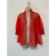 Vintage Blanche Lingerie Red Sheer Lace Trim Robe ILGWU Union Made Large