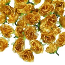 50 Pcs 1.18 Inch Mini Artificial Rose Flower Heads Silk Bouquet, Gold