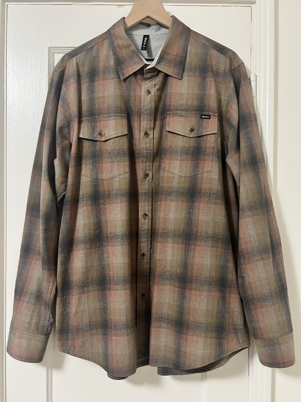 RVCA Men&rsquo;s Size L Plaid Flannel Long Sleeve 100% Cotton Shirt Brown Black White