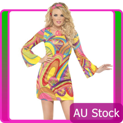 Ladies Flower Power 60s 70s Go Go Retro Hippie Groovy Disco Fancy