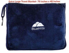 BlueHills Premium Soft Longer Travel Flight Blanket Pillow for Tall - Navy Blue