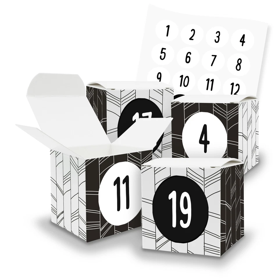 itenga Adventskalender 24x Würfel Schachteln zum Befüllen Schwarz Weiß