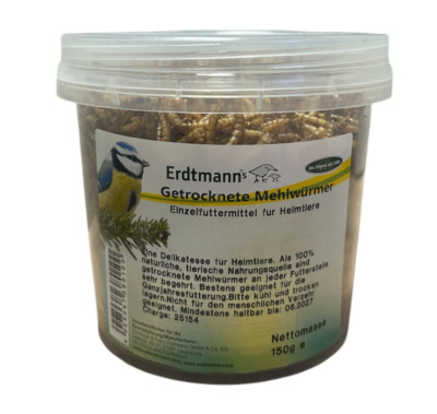 Erdtmanns  Mehlwürmer getrocknet 150g Nager Vögel Reptilien Fisch Igel Koifutter