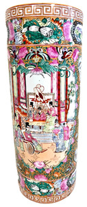 Vintage Chinese Porcelain Rose Medallion Tall Umbrella Stand 24.5"