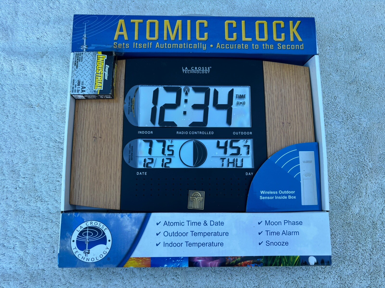 LA CROSSE Jumbo Atomic Clock Alarm Moon Phase Snooze 6 In 1 Brand New-image
