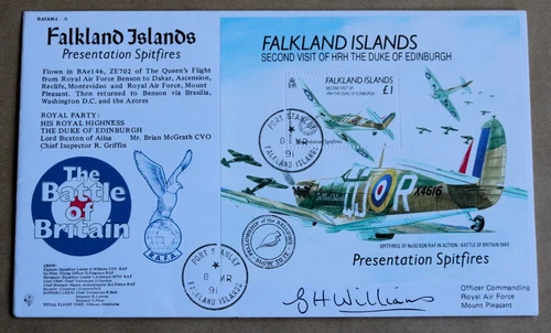FALKLAND ISLANDS PRESENTAION SPITFIRES 1991 FDC SIGNED  G H WILLIAMS  M/PLEASANT