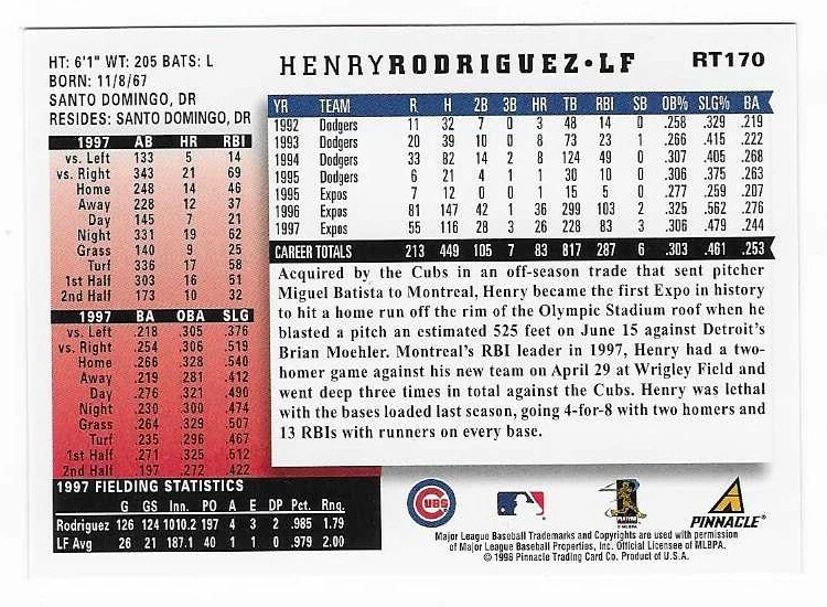 1998 Score Rookie & Traded Henry Rodriguez Chicago Cubs Baseball Card #RT170 - Image 2 of 2