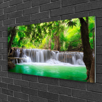 Glasbild Bild Druck 100x50 Natur Wasserfall See Wald