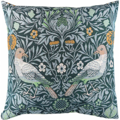 ART de LYS, BIRD COUPLE, BLUE FRENCH WOVEN TAPESTRY PILLOW COVER, WM MORRIS, NEW