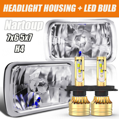 7X6 Glass Lens Headlight Conversion Sealed beam Kit to H4/9003 Size + LED Bulbs