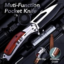 Tactical Folding Knife Pocket Knife Wooden Handle Outdoor Survival Hiking Tools
