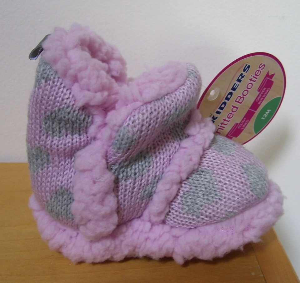 Skidders Pink Silver Heart Plush Knitted Gripper Bottom Booties Slippers Sz 12M - Image 3 of 4