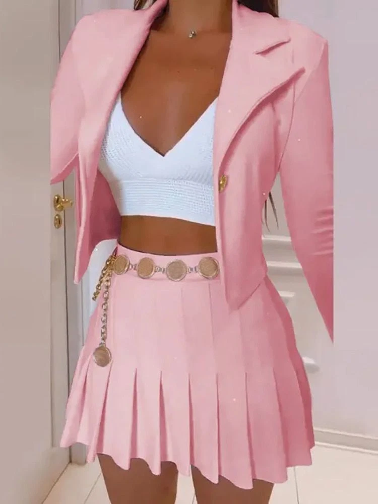 Pink Blazer Skirt Set Hot Sale