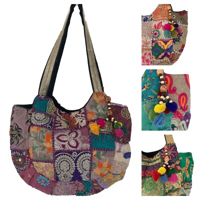Bestickte Patchwork Indianer Tasche mit Bommeln und Perlen - handgenäht