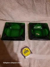 Vintage Emerald Glass Set Pair of 2 Ashtrays Great Condition