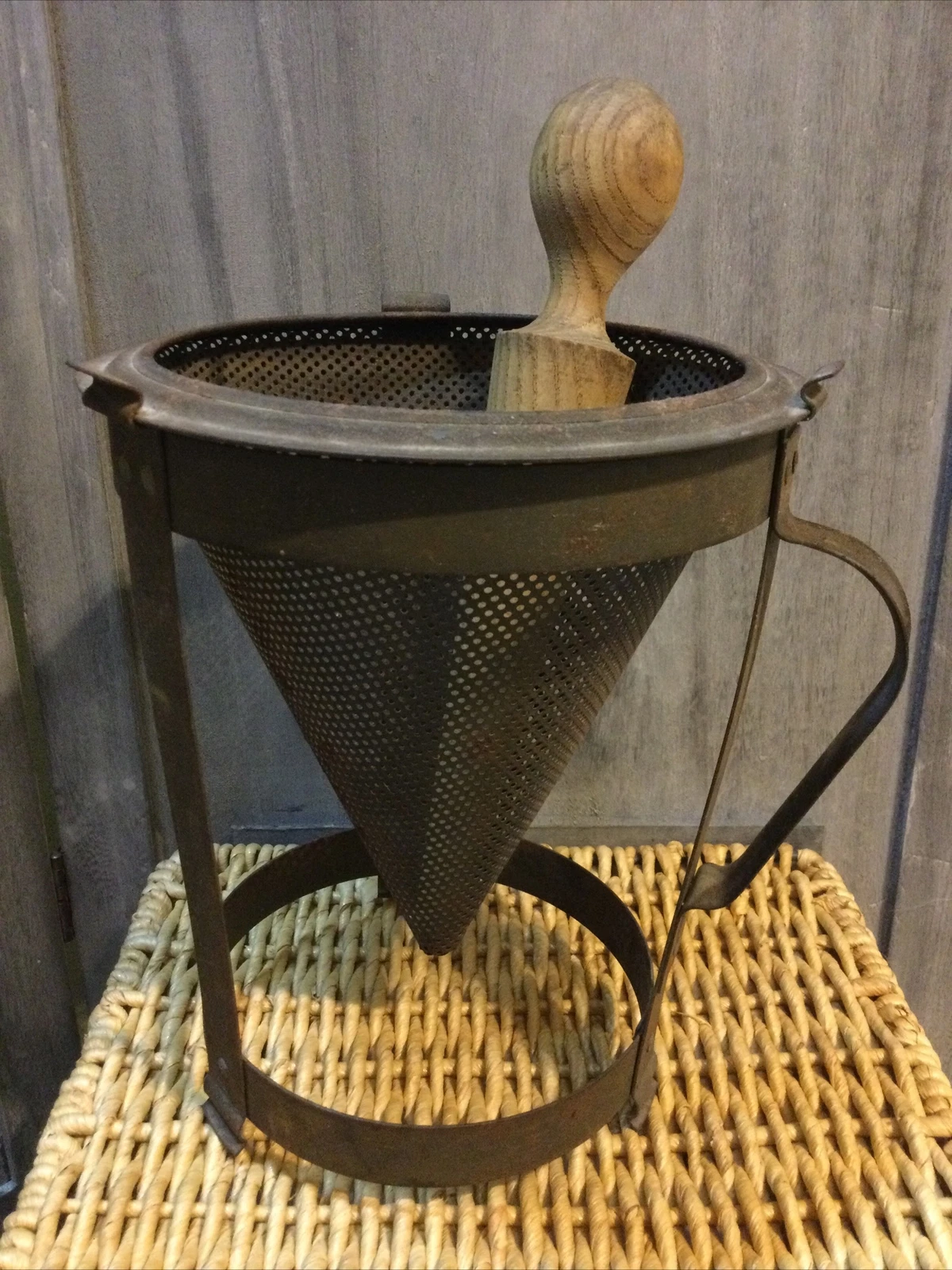 Primitive Vintage Cone Strainer Colander Sieve Stand with Wood Pestle Farmhouse
