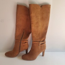 New Nine West Light Brown Suede Heel Boots with Side Zipper Buckles