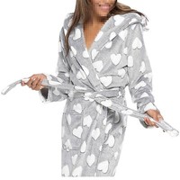 Women's Luxurious Heart Embossed Fleece Robe Winter Grey Dressing Gown With Hood
