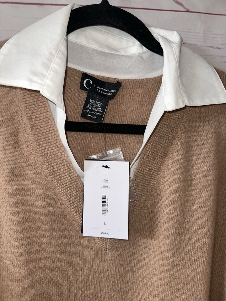 BLOOMINGDALES NUEVO CON ETIQUETAS Talla L Cachemira 2 Capas Dosfer Suéter Top Camel Marrón Blanco H97 Foto 2 de 4