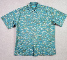 Tori Richard Shirt Mens Medium Blue Fish Print Hawaiian Cotton Lawn Made USA