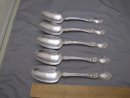 SET OF 5 Wallace Sterling VIOLET (1904) DESSERT / OVAL SOUP SPOONS-7 In-NO MONO