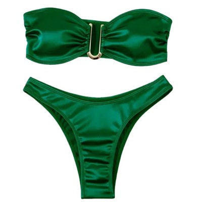 Bandeau Push Up Bikini Set Women's Solid Low Waist Beach Swimwear Two Piece Set