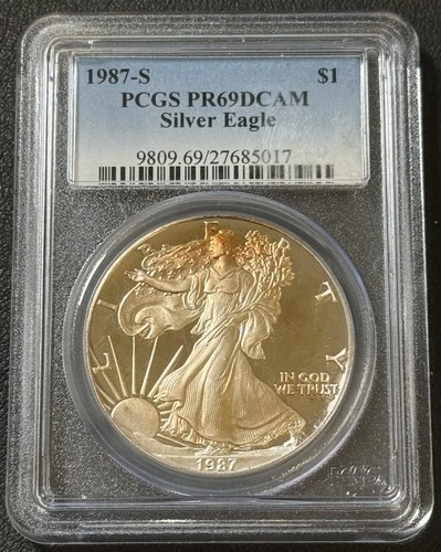 1987 1 Oz .999 Silver Proof American Eagle ASE PCGS PR 69 Orange Toned Face Coin