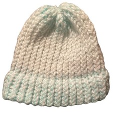 Handmade knit beanie hat in white and light blue for newborn