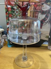 dome top with red bird handle-cake/donut/candy or cheese dish