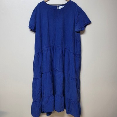 Tradlands Chalet Dress 4X Cobalt Blue Tencel Linen Tiered Midi Pockets Artsy
