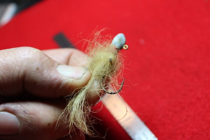 Vintage Jig fishing lure, yellow,and lead,hair,#32