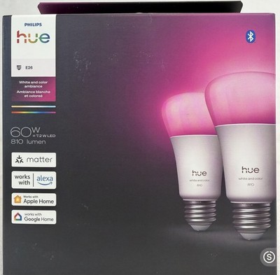Philips Hue Smart LED A19 Bulb 2-Pack, White & Color Ambiance, E26 Base