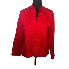 Vintage Chicos Silk Blend Jacket Sz 0 L Red Asian Inspired Shadow Print Toggle