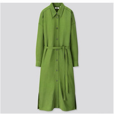 Uniqlo U Green Solid Belted Collared Button Front Maxi Shirt Dress Size L